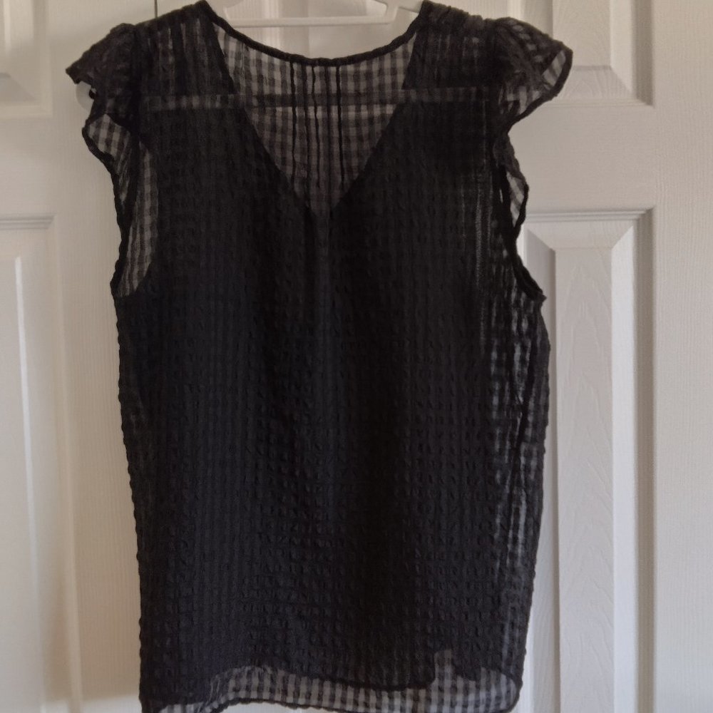 SALE 2 FOR $ 18.00 !!!  Black Sheer V Neck Womens Top with Ruffle Sleeves Large